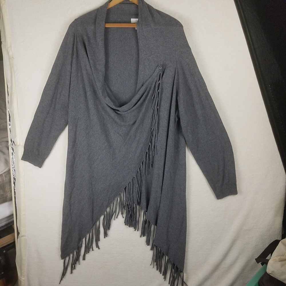 CJ Banks Wrap Cardigan Womens 2X Grey Excellent Fringe Asymmetrical Sweater‎